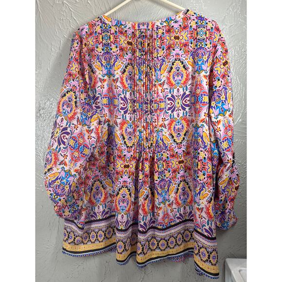 Zac & Rachel Womens Floral Boho Top Button Front 3/4 Sleeve Pleated Plus‎ Sz 2X - Picture 2 of 5